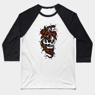 Traditional Skull Snake Roses Baseball T-Shirt